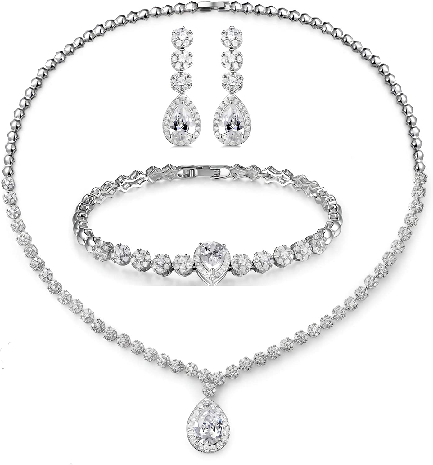 230816035646658_1 Hadskiss Jewelry Set for Women, Necklace Dangle Earrings Bracelet Set, White Gold Plated Jewelry Set with White AAA Cubic Zirconia, Allergy Free Wedding Party Jewelry for Bridal Bridesmaid - Image 1